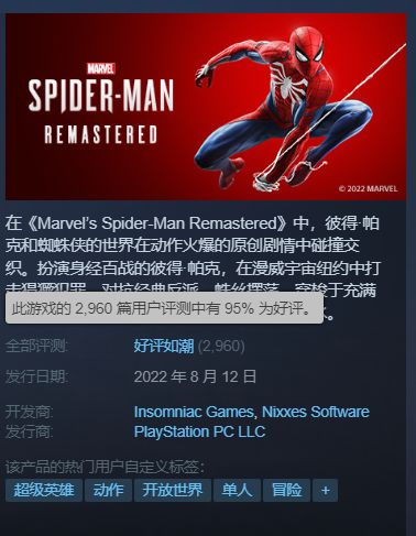 《漫威蜘蛛侠复刻版》Steam好评如潮 ;爱你！索尼